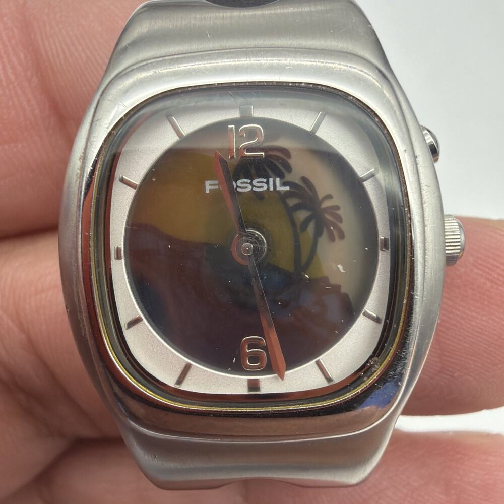Fossil Big Tic Womens Watch 2 Tropical Dial Leather Silver Tone New Battery